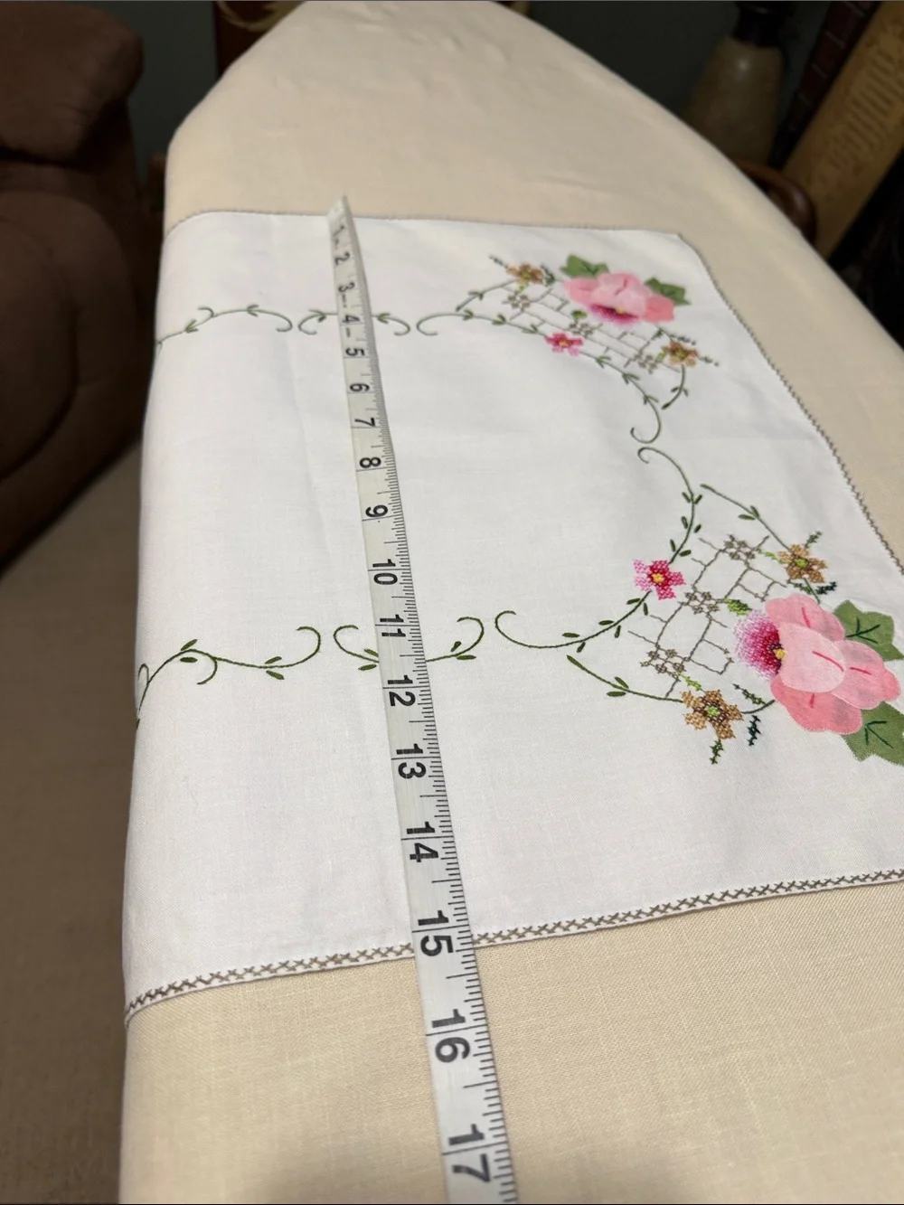 Embroidered Vintage Pink Rose Table Runner - Home Dining-Dresser Sash.
